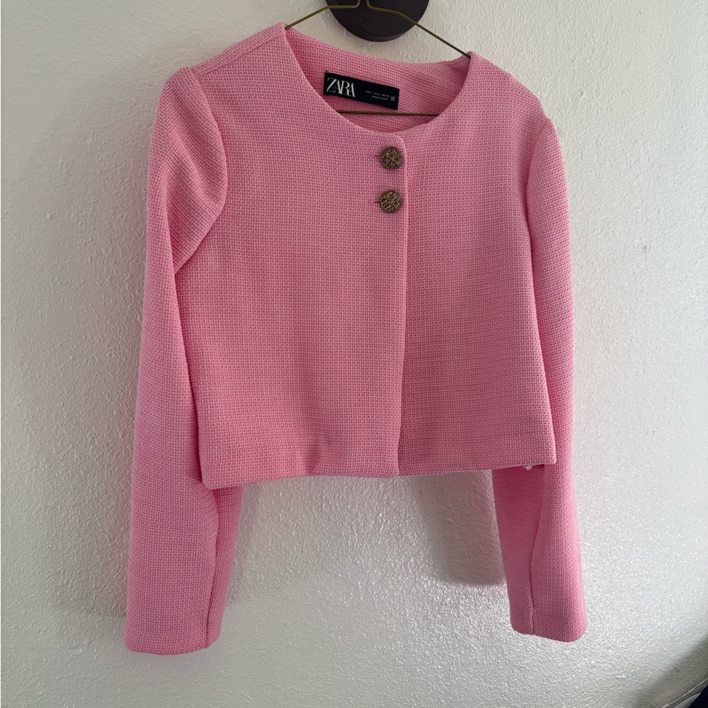 Zara Pink Cropped Textured Blazer